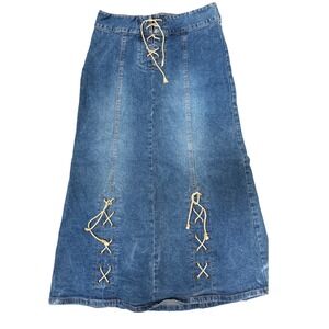 The Blues Denim Maxi Skirt Womens 12 Blue Lace Up Front Side A-Line Long Vintage